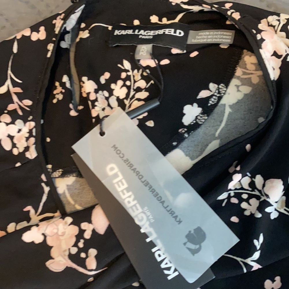 NWT Karl Lagerfeld Paris : Black and Pink Floral Blouse : PL - Picture 9 of 11